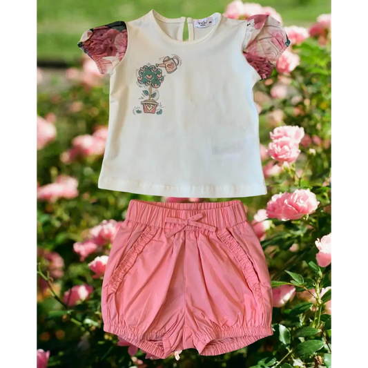 Completo bambina estivo 6 mesi Y-Clù con maglietta bianca e pantaloncini rosa in cotone leggero