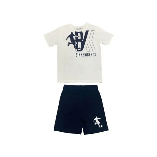 Completo Bikkembergs bambino con maglietta bianca e pantaloncini blu con stampa sportiva