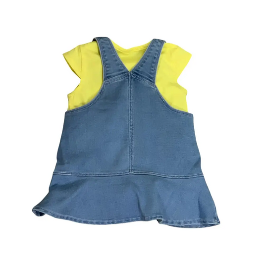 Completo bimba effetto denim Boboli con top giallo e gonnellina blu in stile salopette