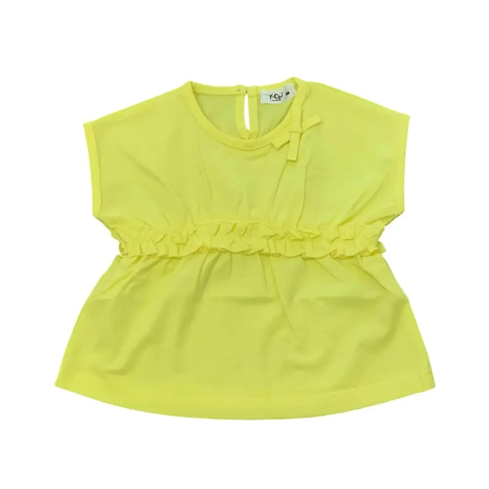 Completo corto bambina moda estate Y-Clù maglietta gialla con volant e fiocco