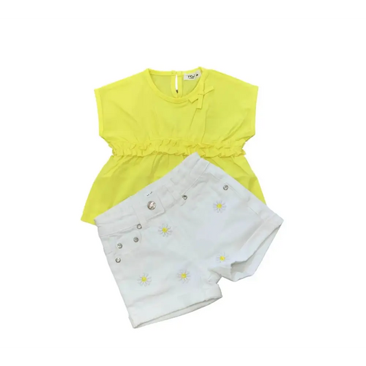 Completo corto bambina moda estate Y-Clù con maglietta gialla e pantaloncini bianchi decorati