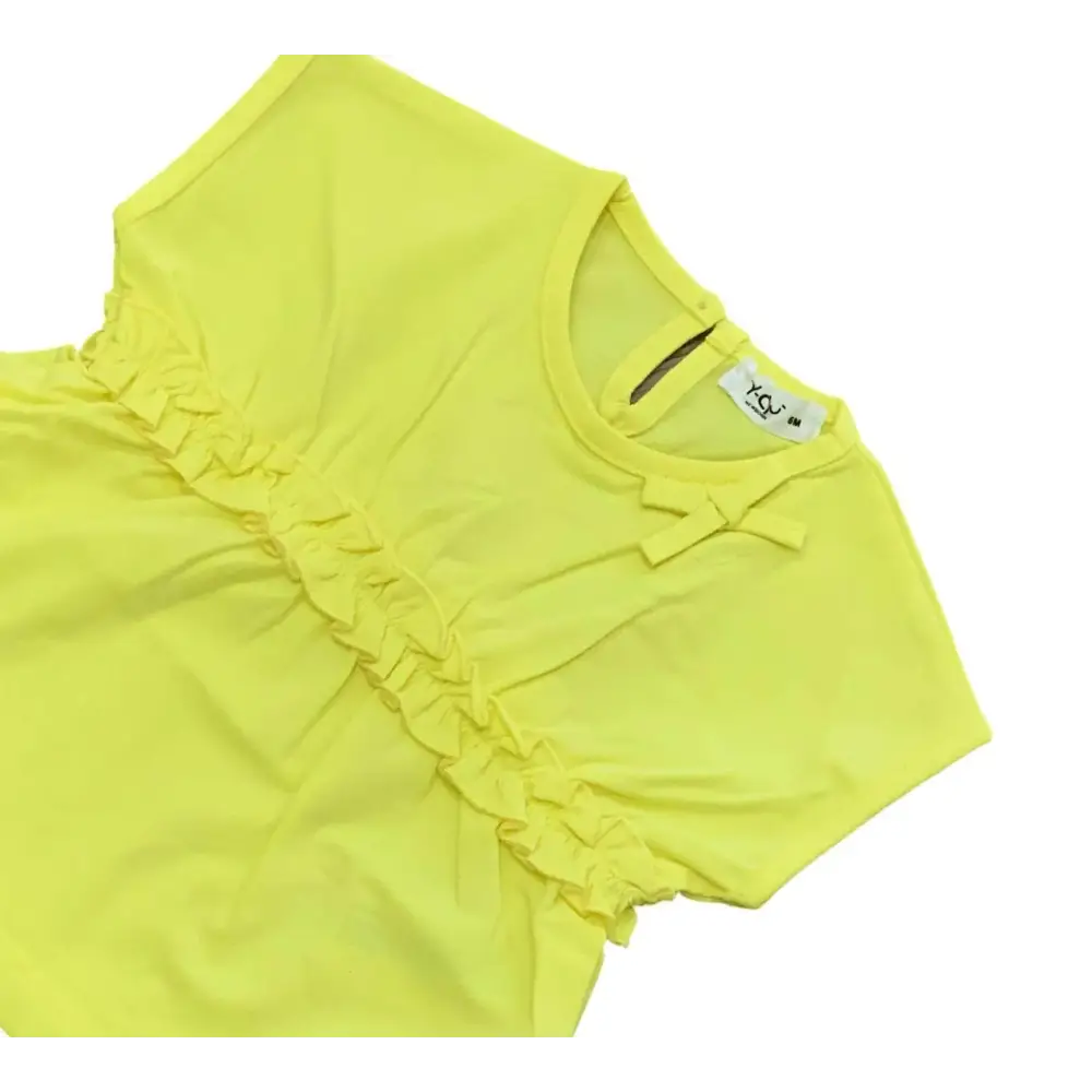 Completo corto bambina moda estate Y-Clù in tessuto giallo con fiocco e dettaglio arricciato