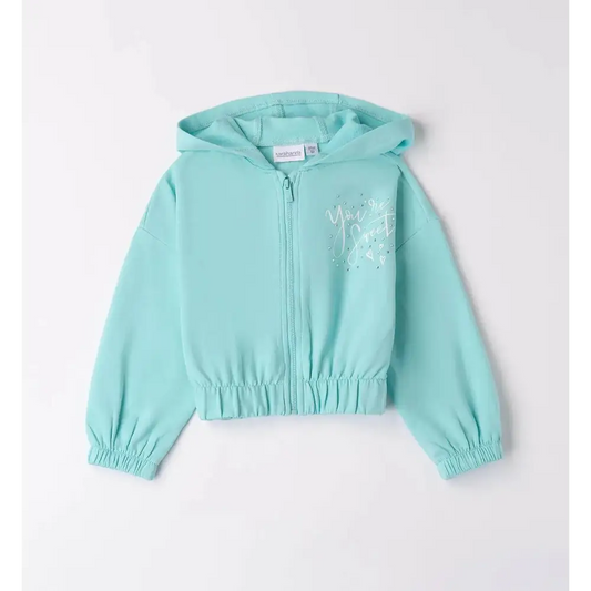 Completo felpa e pantalone bambina turchese Sarabanda con cappuccio e zip frontale