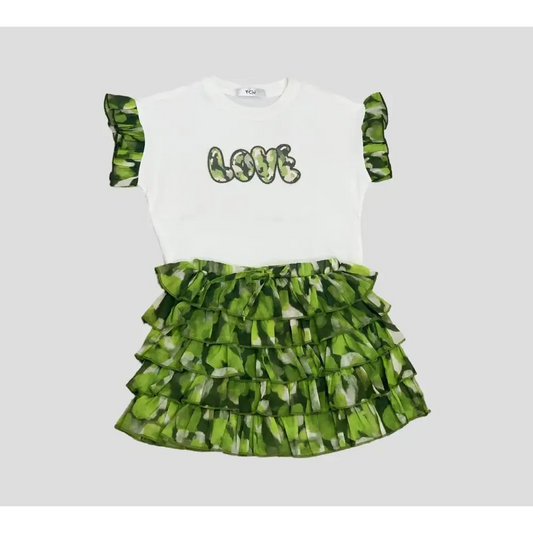 COMPLETO MAGLIETTA + GONNA VERDE Y-CLU 307TYFBS25 - OOPS by BabyBimbo 0-16