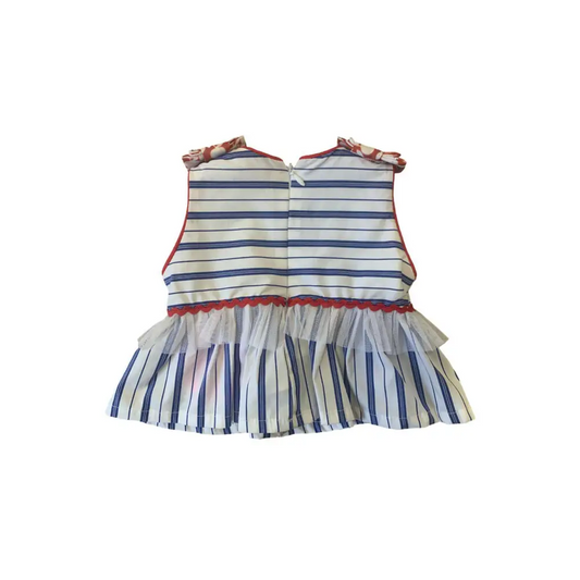 Completo neonata camicia e shorts Y-Clù con righe blu e dettagli in tulle bianco