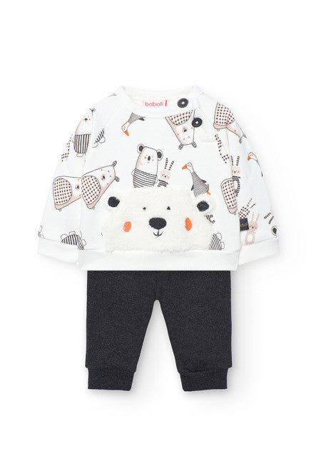 Completo neonato maglia bianca e grigio scuro Boboli con stampa orso e pantaloni grigi
