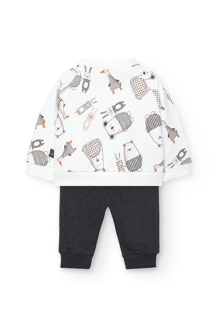 Completo neonato maglia bianca e grigio scuro Boboli con stampa animali e pantaloni grigio scuro