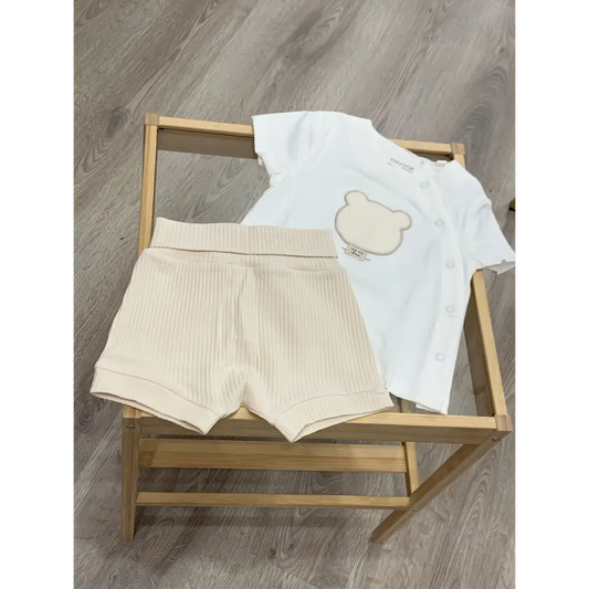 COMPLETO ORSETTO MAGLIETTA E PANTALONCINO BAMBINO Mayoral bianco e beige con orsetto