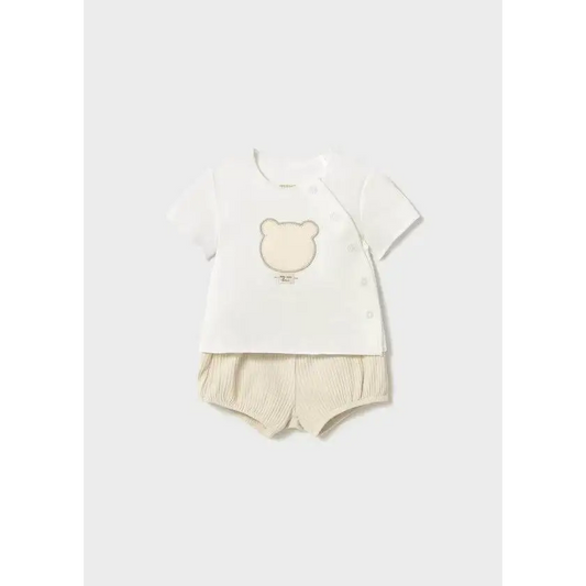 COMPLETO ORSETTO MAGLIETTA E PANTALONCINO BAMBINO Mayoral in cotone con stampa orsetto beige