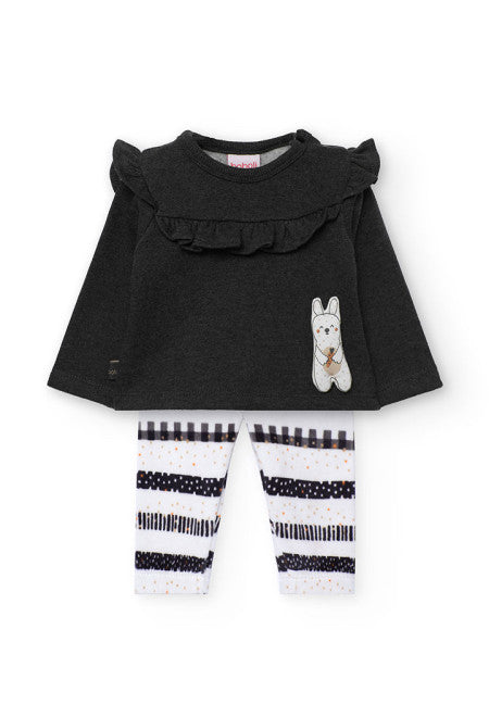 Completo per neonata in felpa grigio scuro Boboli con maglia a maniche lunghe e pantaloni a righe bianche e nere