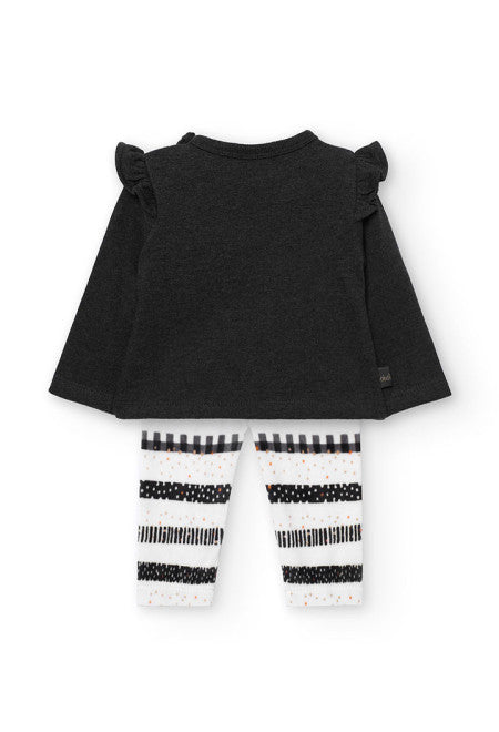 Completo per neonata in felpa grigio scuro con maglia maniche lunghe e pantaloni a righe bianche e nere