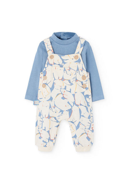 Completo per neonato in maglia con animali blu di Boboli con pantaloni a bretelle e maglia a maniche lunghe