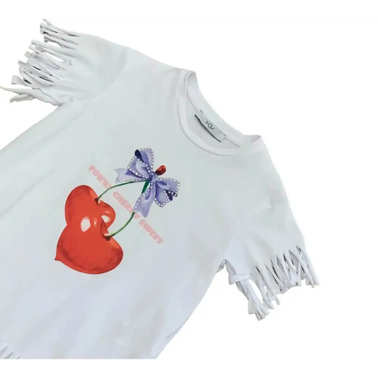 Copri costume bambina Y-Clù bianco con cuore rosso e fiocco viola e maniche con frange