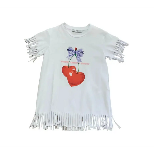 Abito Y-Clù bianco con frange e stampa ciliegia come COPRI COSTUME BAMBINA elegante e comodo