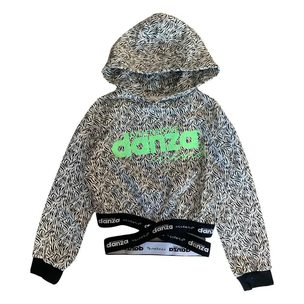 felpa corta ragazza Dimensione Danza con cappuccio stampa zebra bianco nero logo verde fluo e banda elastica