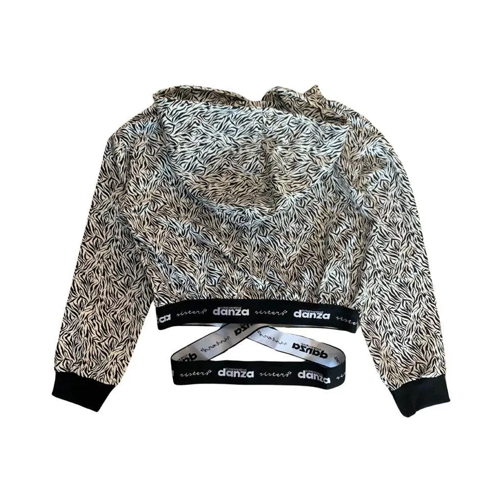 felpa corta ragazza Dimensione Danza con stampa zebra bianca e nera cappuccio maniche lunghe polsini neri e fascia logo