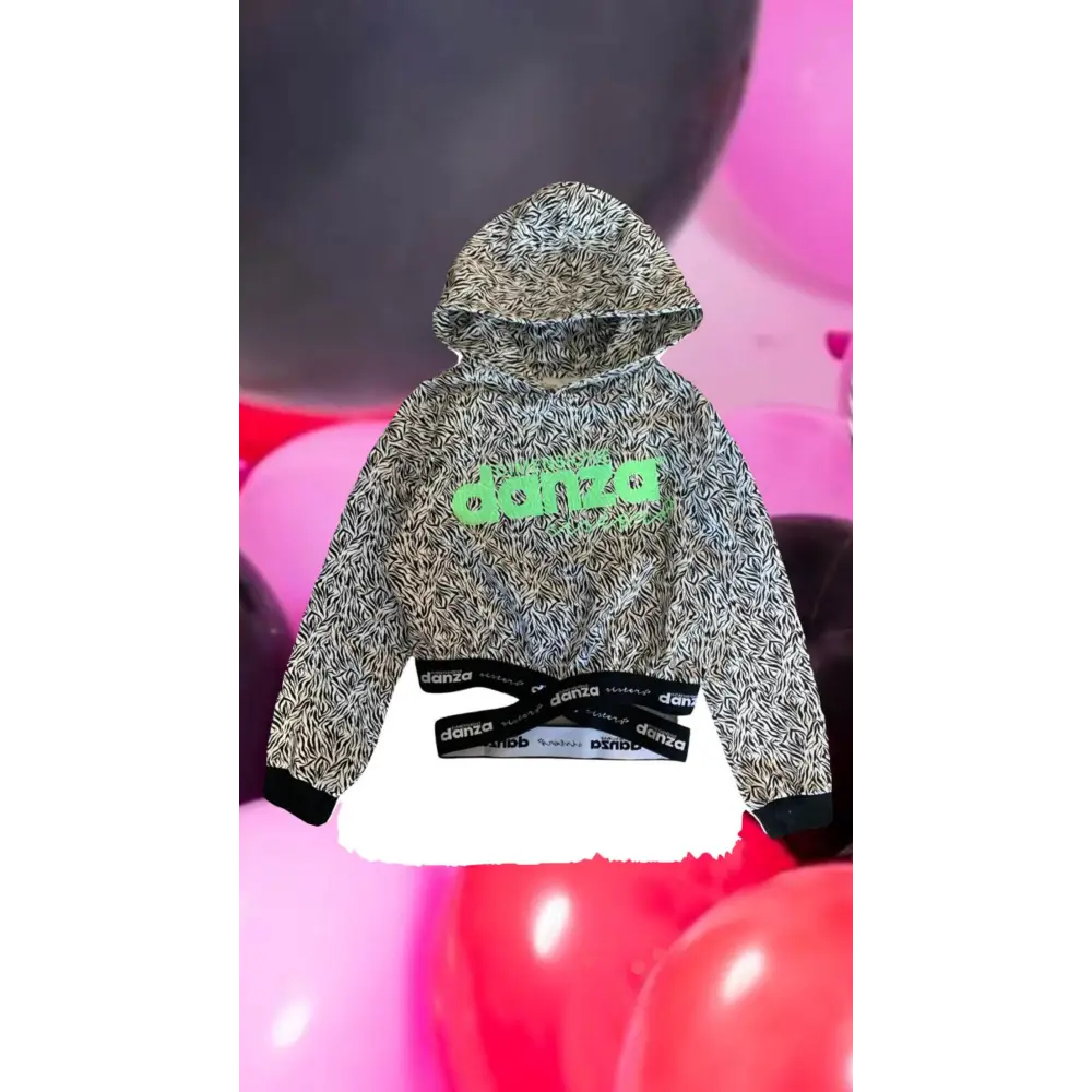 felpa corta ragazza Dimensione Danza con cappuccio stampa nera logo verde e fascia elastica