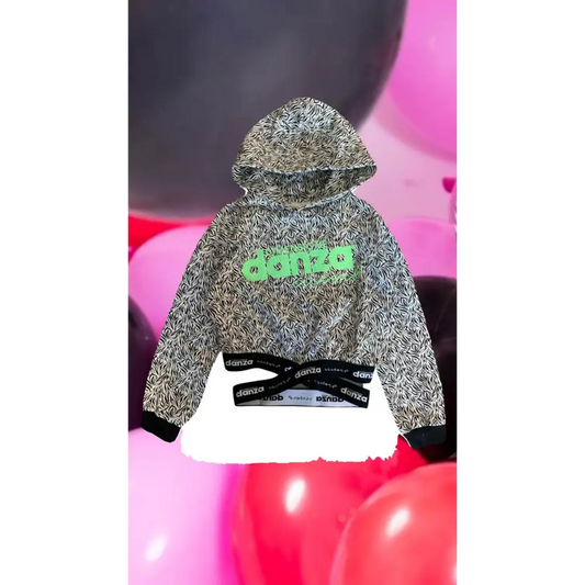 felpa corta ragazza Dimensione Danza con cappuccio stampa nera logo verde e fascia elastica