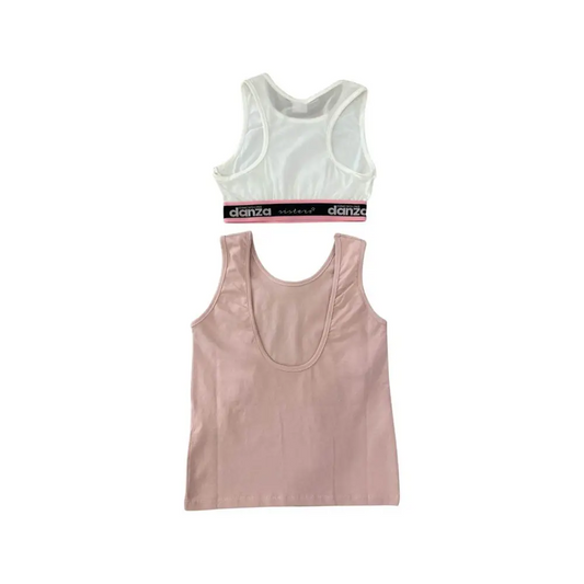 canotta top corto ragazza Dimensione Danza in foto due pezzi bianco racerback con banda elastica logo e canotta rosa scollata