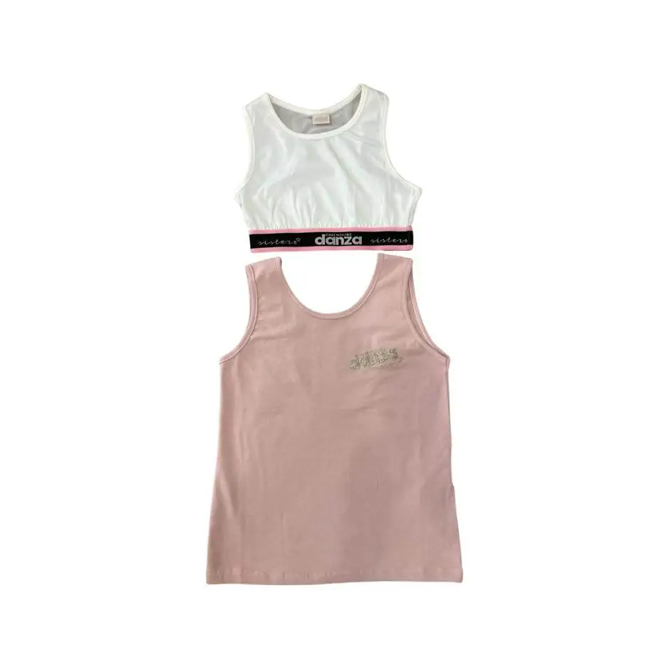 canotta top corto ragazza Dimensione Danza set due pezzi crop bianco con fascia nera e rosa e canottiera rosa cipria
