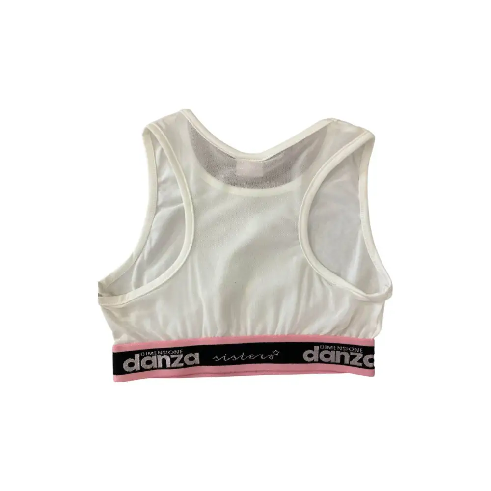 canotta top corto ragazza Dimensione Danza bianca con schiena a vogatore e fascia elastica rosa e nera con logo