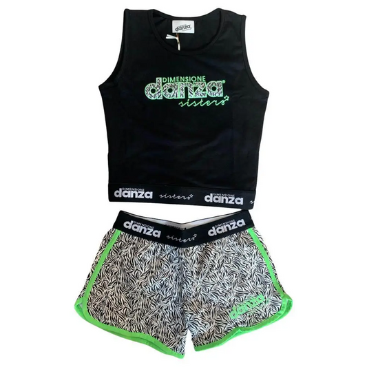 completo corto ragazza Dimensione Danza con top nero smanicato con logo e short zebrate con bordo verde fluo