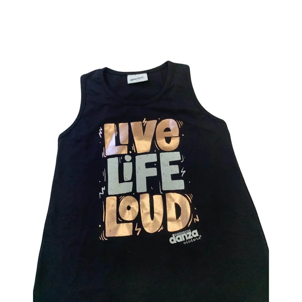 Canotta nera con stampa metallizzata Live Life Loud e logo Dimensione Danza completo ragazza Dimensione Danza 8-16 anni