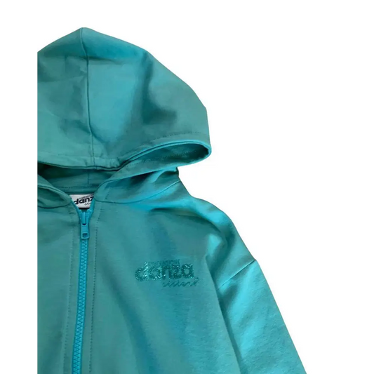 Felpa corta con cappuccio e zip turchese per ragazza con logo ricamato felpa corta cappuccio ragazza Dimensione Danza