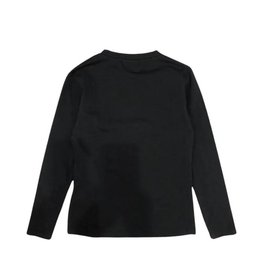 Retro maglietta Dimensione Danza ragazza nera maniche lunghe e collo tondo vista posteriore su sfondo bianco