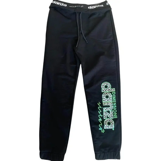 pantaloni ragazza Dimensione Danza in felpa nera con coulisse e polsini elasticizzati stampa verde laterale per danza