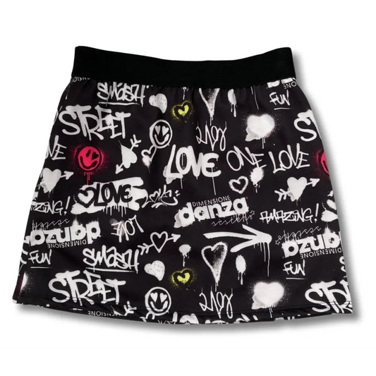 gonna stretch ragazza Dimensione Danza corta nera con stampa graffiti cuori smile vita elastica per danza e tempo libero