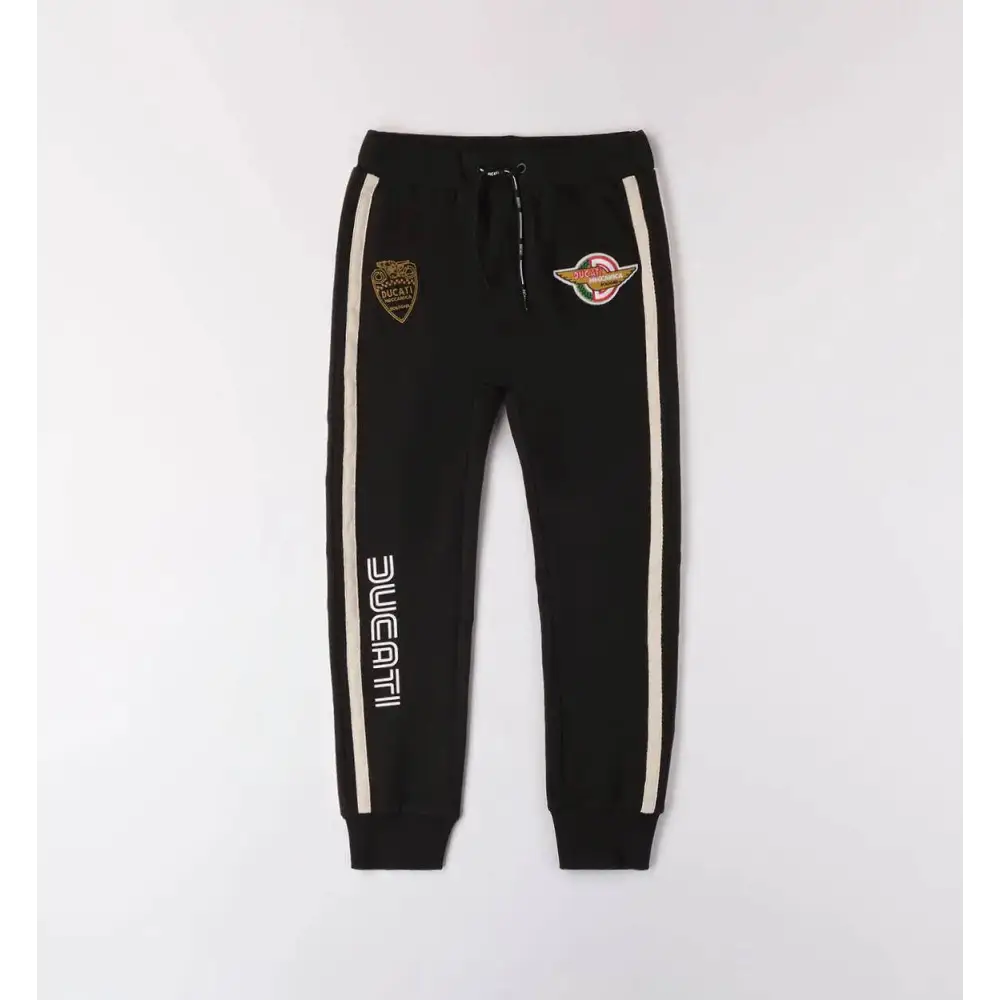 pantaloni Ducati ragazzo 8-16 anni nero in felpa con bande laterali bianche patch logo e coulisse in vita