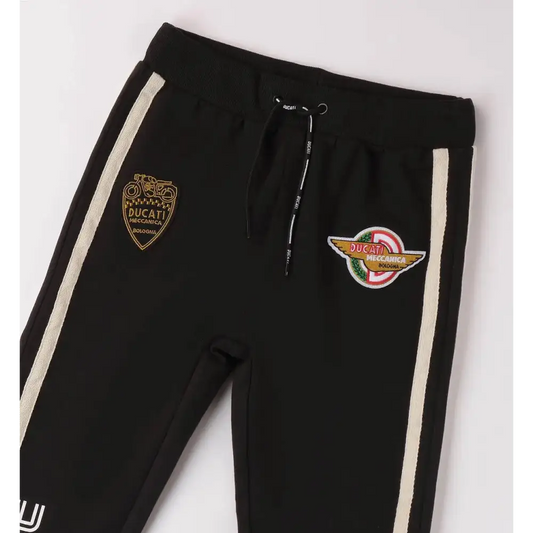 pantaloni Ducati ragazzo 8-16 anni neri con riga laterale beige coulisse in vita e patch ricamate