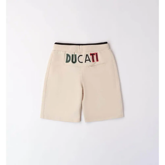 pantaloncini Ducati ragazzo beige con cintura elastica nera e logo DUCATI ricamato sul retro