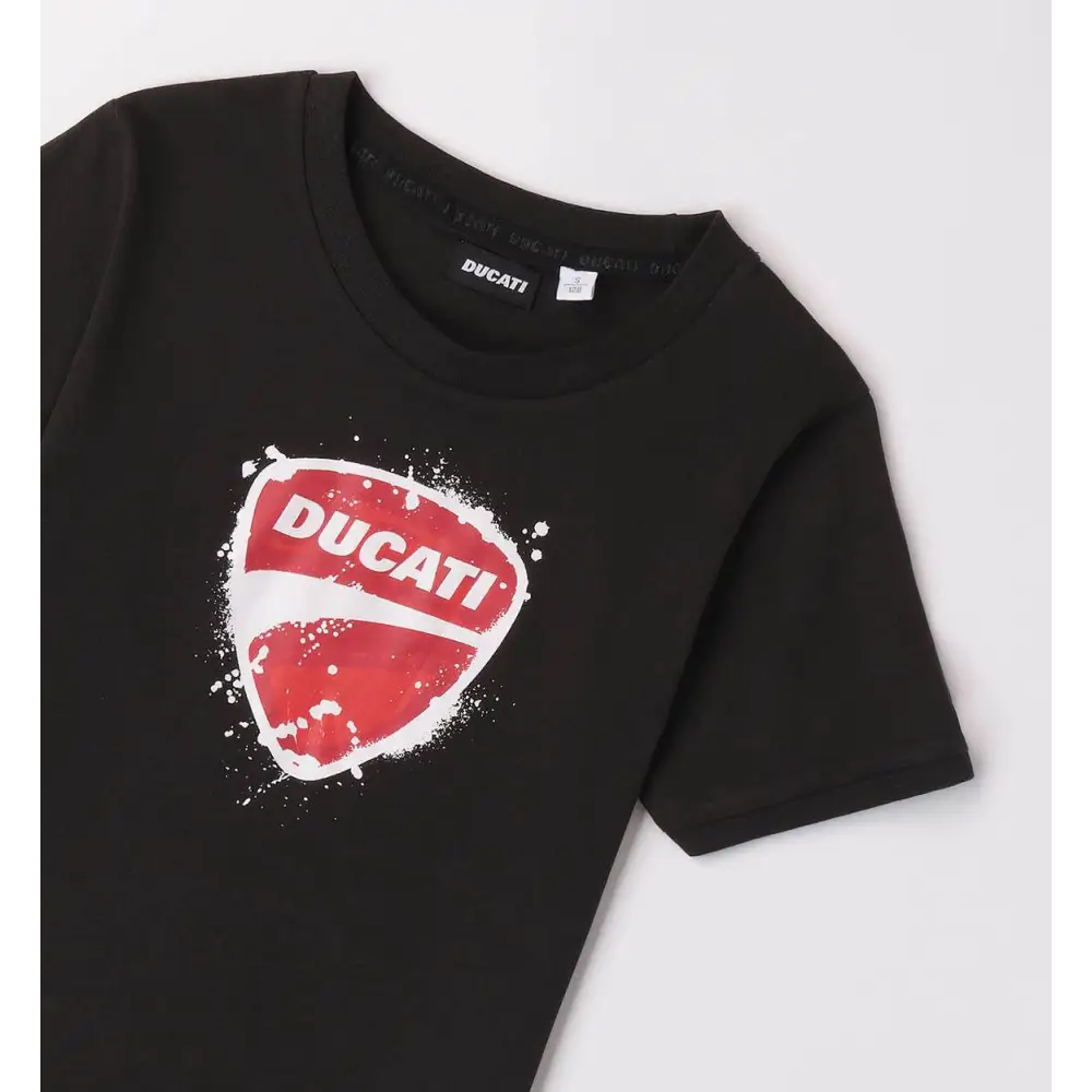 t-shirt Ducati bambino nera in cotone con logo scudo rosso e bianco effetto splash manica corta