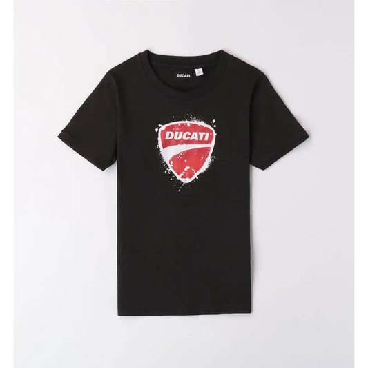 t-shirt Ducati bambino nera con grande logo rosso a scudo effetto usurato, in cotone morbido