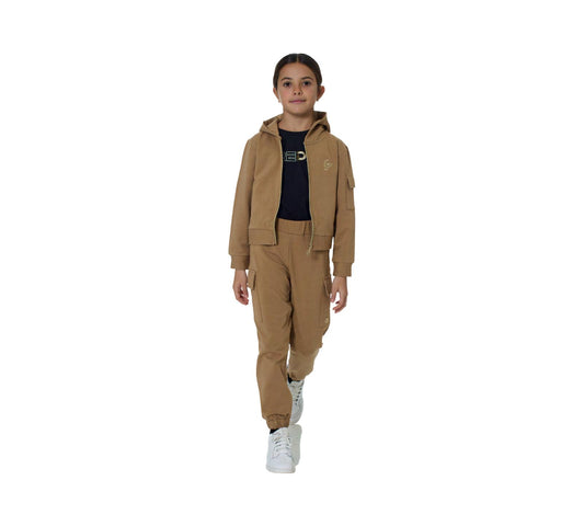 Felpa aperta con cappuccio bambino Freddy in colore beige, abbinata a pantaloni coordinati