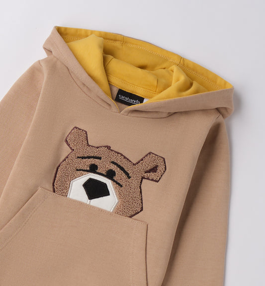 Felpa bambino con orso Sarabanda in beige con cappuccio e dettagli gialli