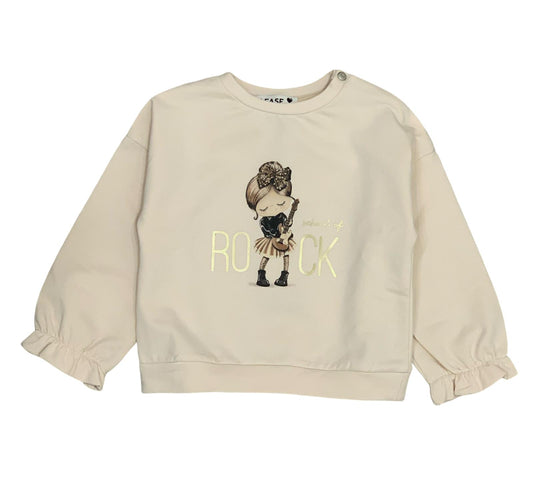 Felpa beige bambina School of Rock con stampa grafica e maniche a sbuffo