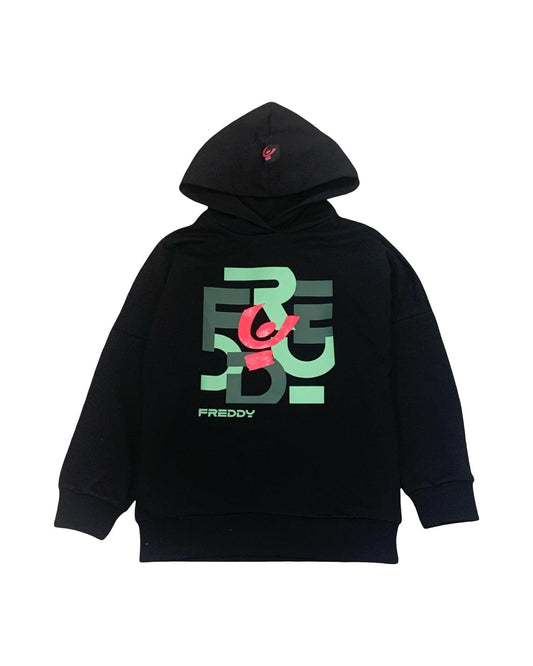 Felpa Freddy nera ragazza con cappuccio e logo colorato sul davanti