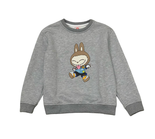 Felpa grigia bambino con stampa coniglio con dettagli colorati e maniche a costine