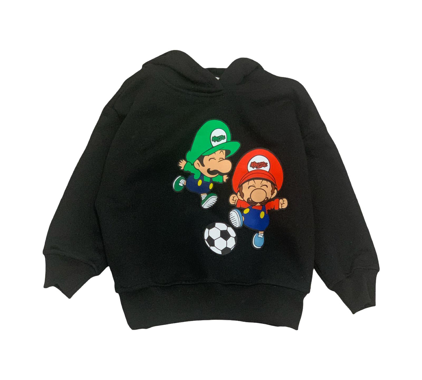 Felpa Nera Bambino con Cappuccio e Stampa Mario, raffigurante personaggi giocosi che giocano a calcio.
