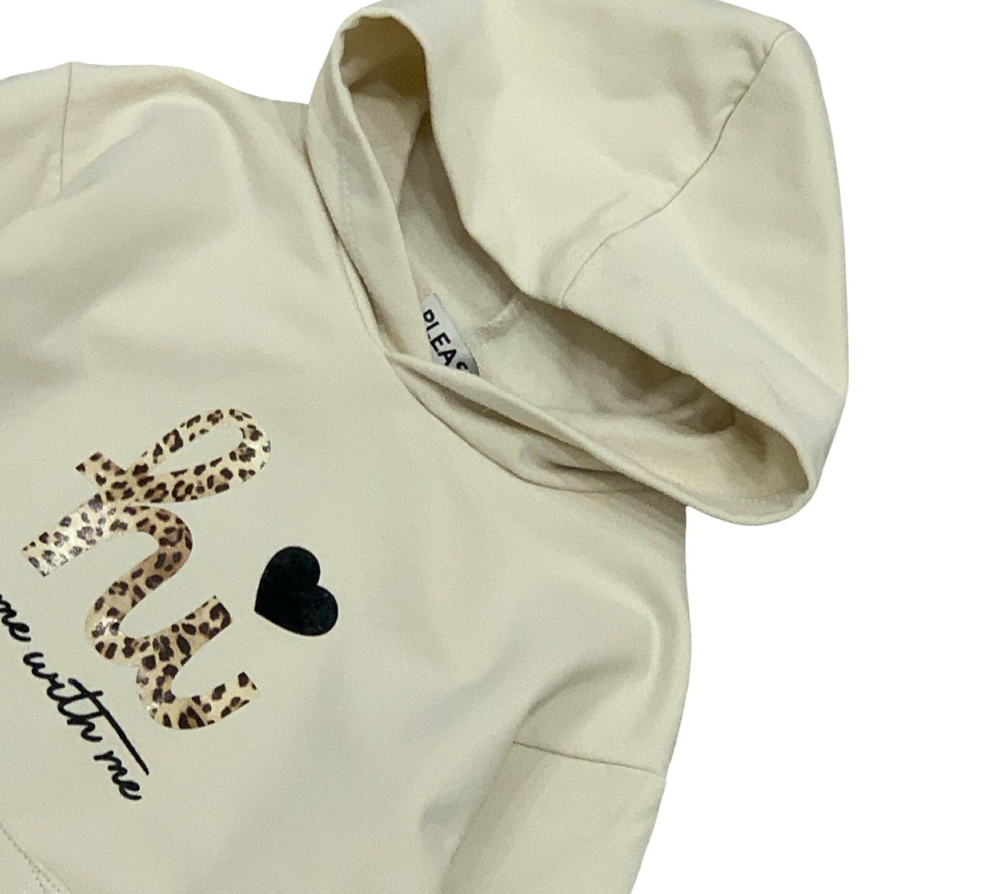 Felpa oversize bambina con cappuccio in crema con stampa a pois e scritta nera