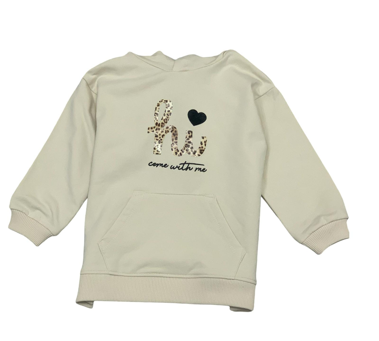 Felpa oversize bambina con cappuccio di colore crema con scritta a fantasia