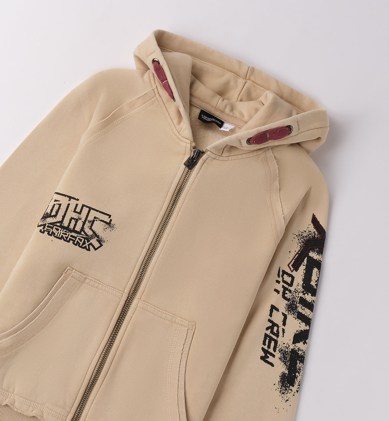 Felpa ragazzo con cappuccio di Sarabanda in beige con zip e dettagli grafici sulle maniche