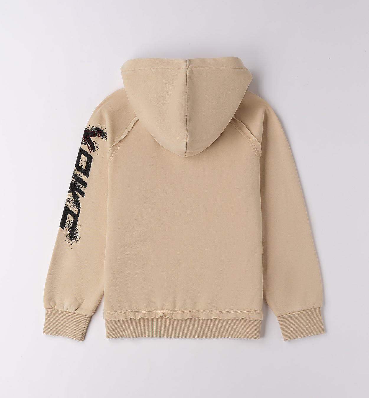 Felpa ragazzo con cappuccio Sarabanda in beige con logo esteso sulla manica