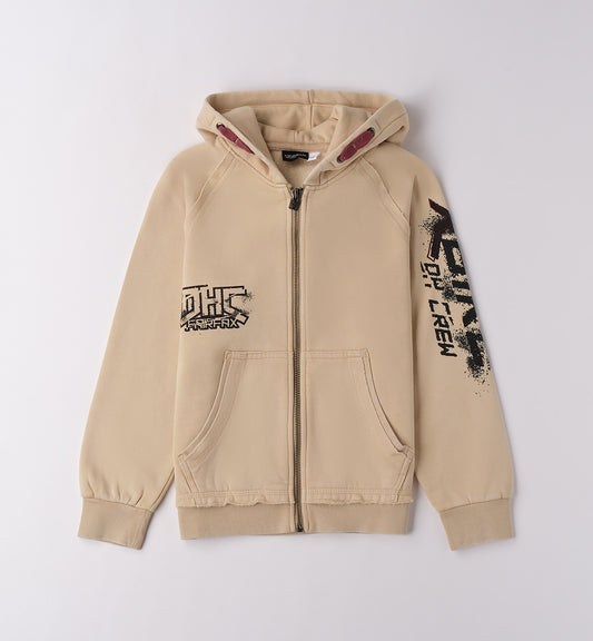 Felpa ragazzo con cappuccio Sarabanda in beige con grafica stilizzata e zip frontale