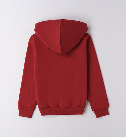 Felpa ragazzo Sarabanda di colore rosso con cappuccio e maniche lunghe, vista posteriore