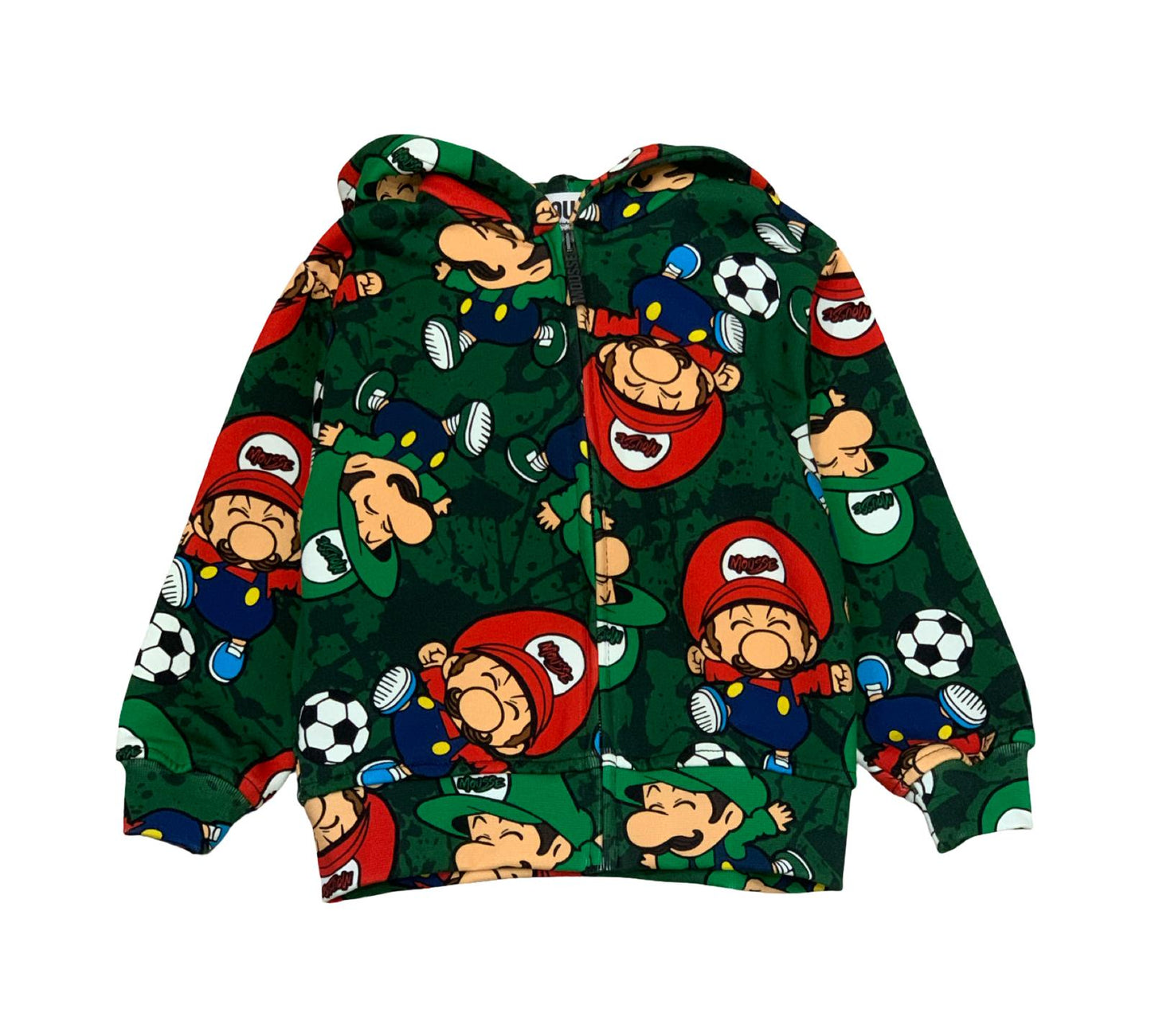 Felpa verde bambino stampa divertente con personaggi colorati e motivi di calcio