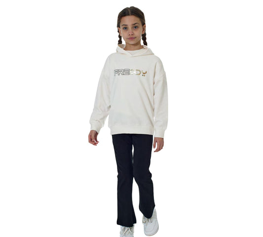 Felpa con cappuccio ragazza moda Freddy in bianco con logo dorato, stile casual e confortevole